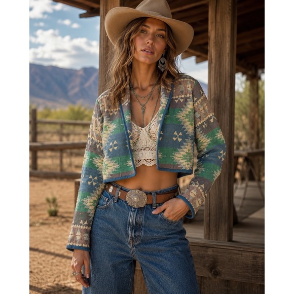 New Identity Jackets & Blazers - New Identity Womens Southwestern Tapestry Cropped Jacket Blue Green Cotton S